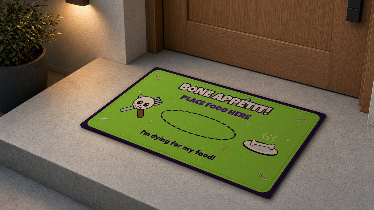 Bone Appétit Halloween limited edition doormat on a porch - Place Food Here mat