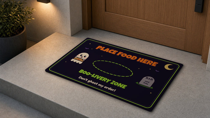 Boo-livery Ghost Halloween limited edition doormat on a porch - Place Food Here mat