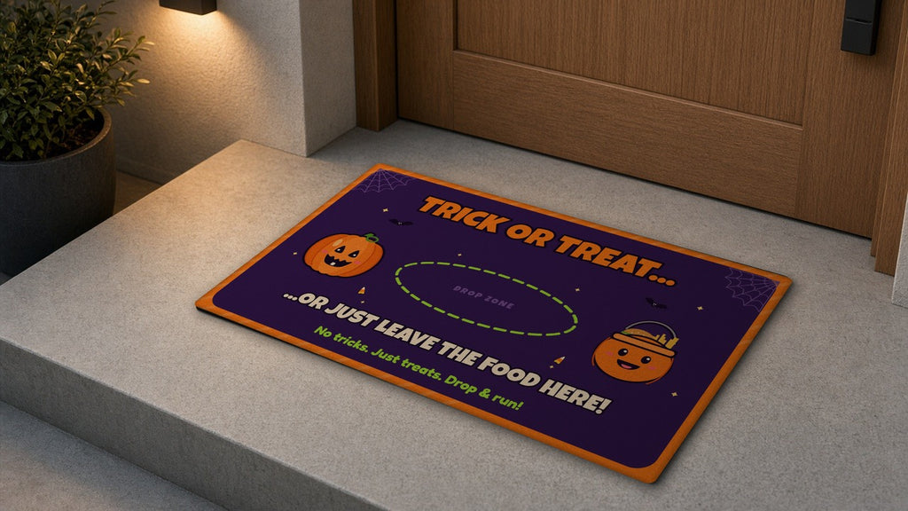 Trick or Treat Halloween limited edition doormat on a porch - Place Food Here mat